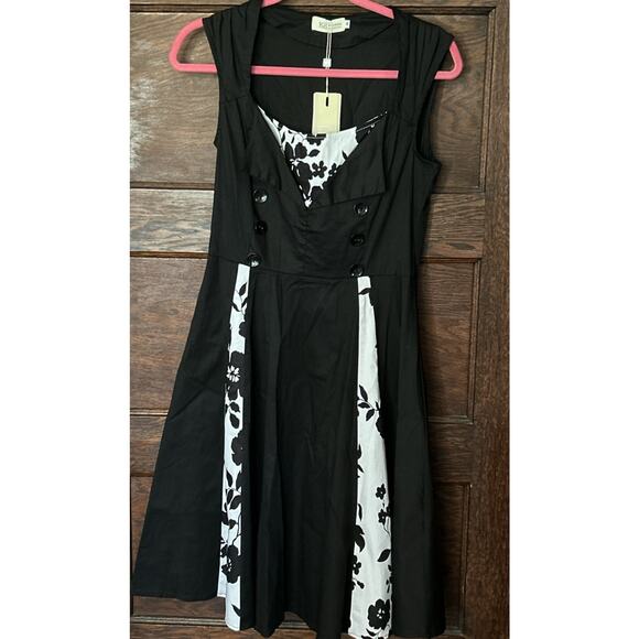 KR Kill Real Vintage Style Black White Floral Rockabilly Dress Sz M Retro Pinup - Picture 1 of 6